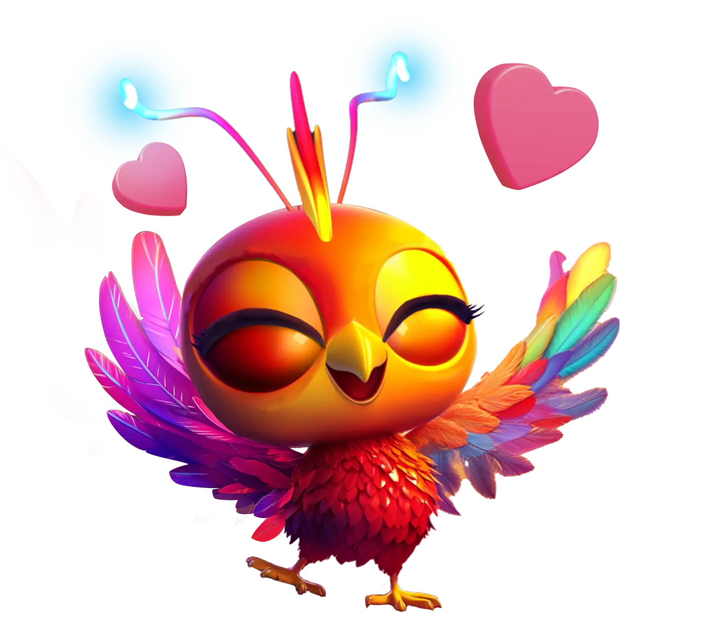 Illustration de la mascotte Éclosif, un phénix qui danse amoureusement