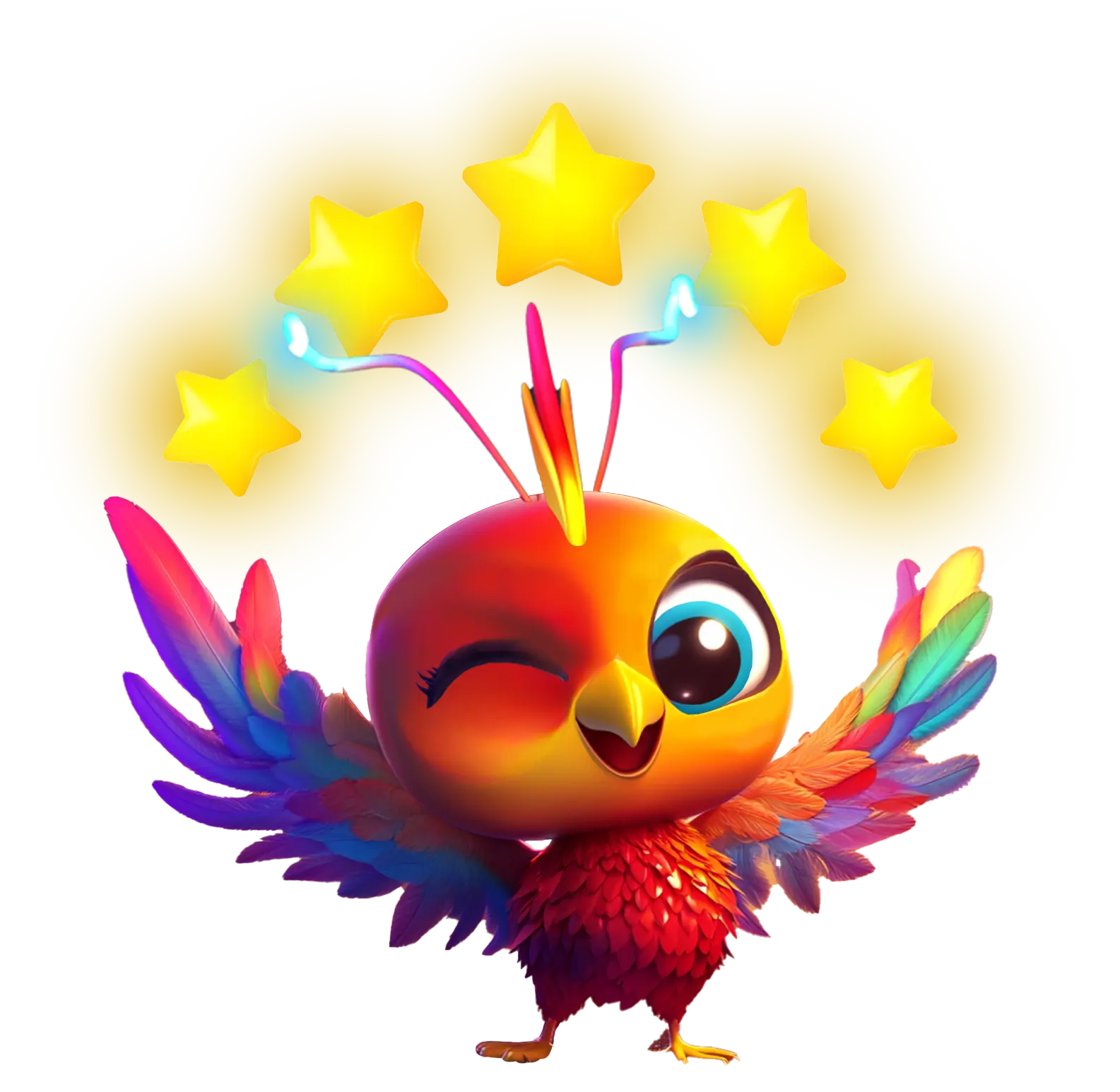 Illustration de la mascotte Éclosif, un phénix faisant un clin d'œil et faisant apparaître cinq étoiles dorées