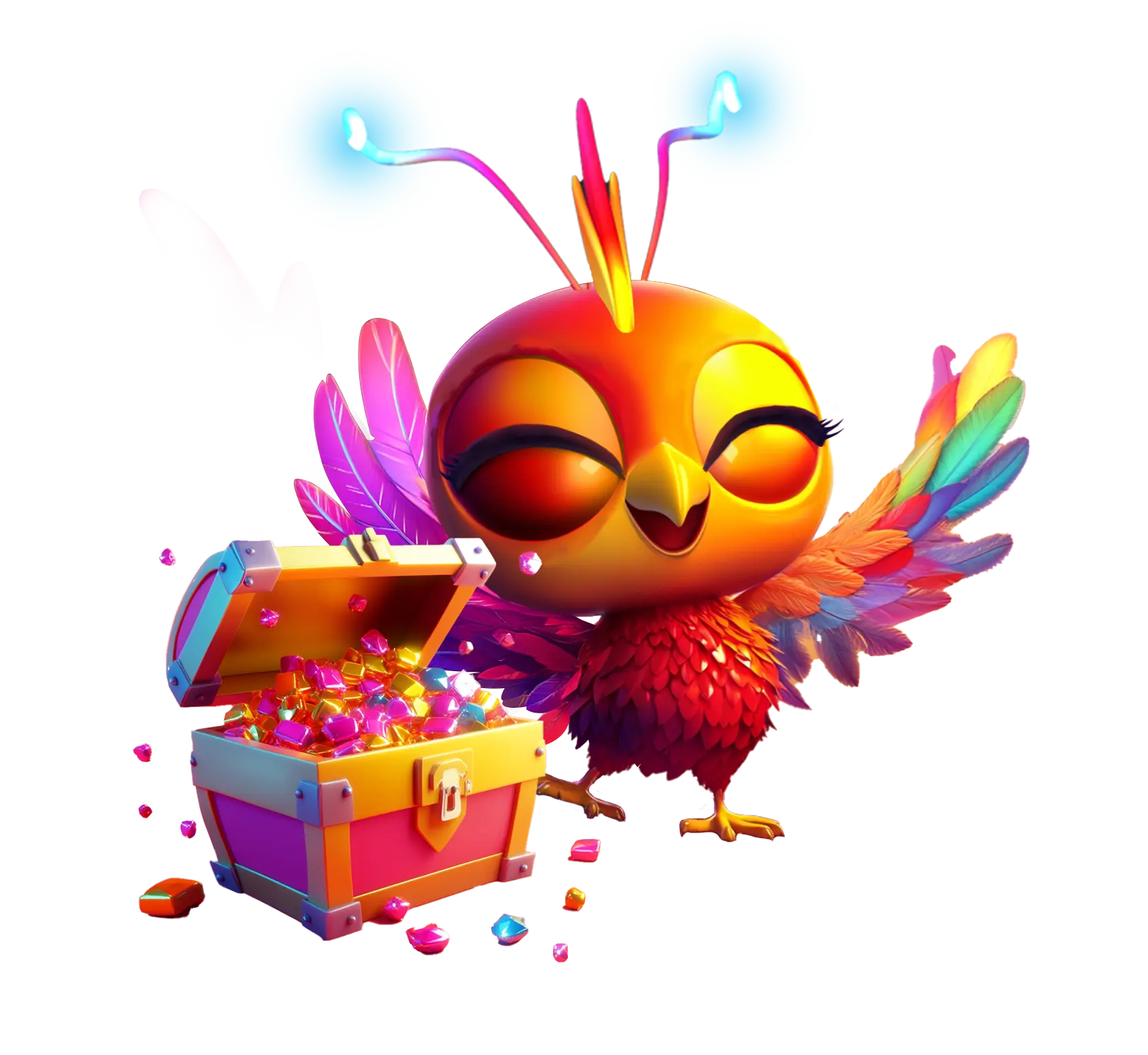 Illustration de la mascotte Éclosif, un phénix faisant ouvrant un trésore plein de geme et de pièces d'or